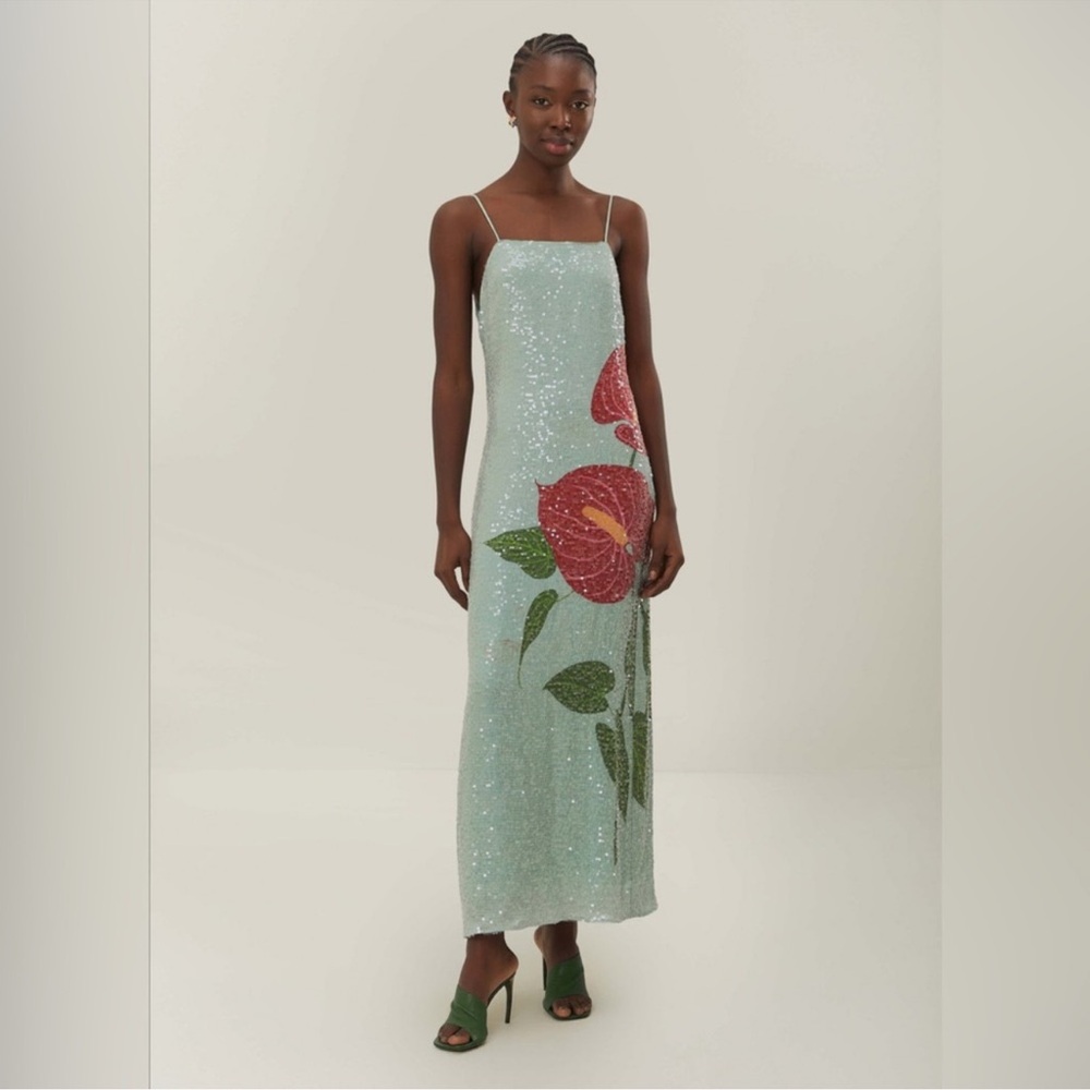 FARM Rio Green Maxi Dress with Red Floral Design